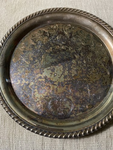 Vtg silverplate round tray - round, w/